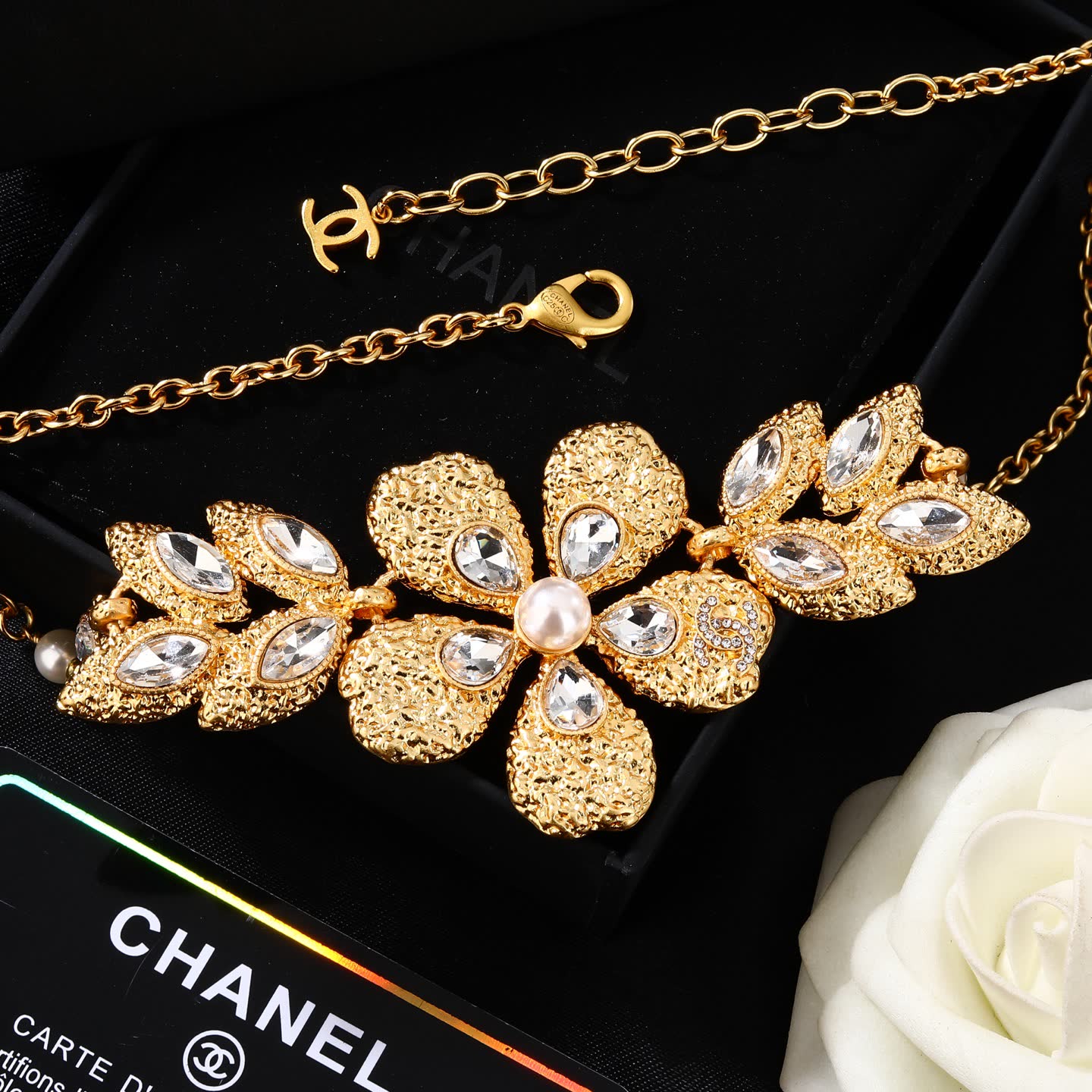 Chanel Elegant Gold-Tone Crystal Flower Statement Necklace