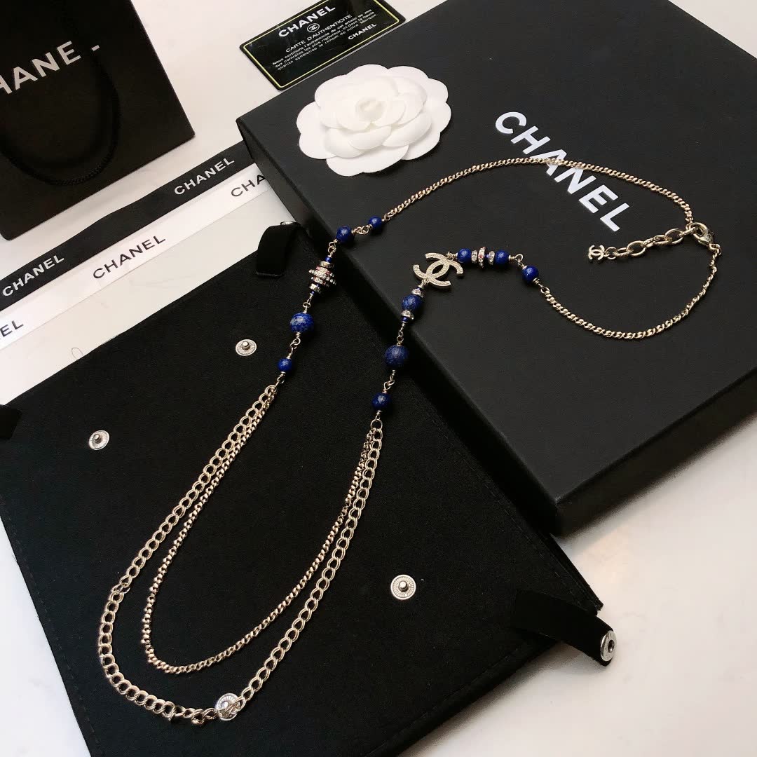 Chanel CC Logo Blue Bead Necklace