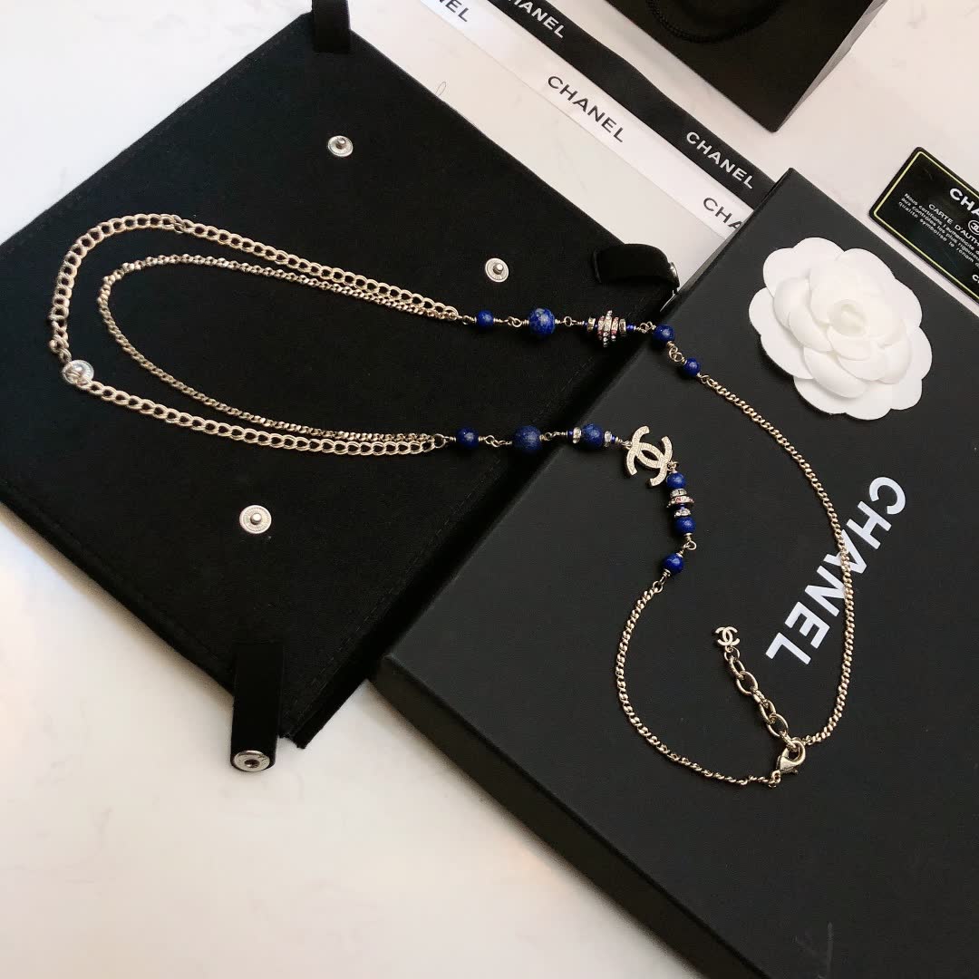 Chanel CC Logo Blue Bead Necklace