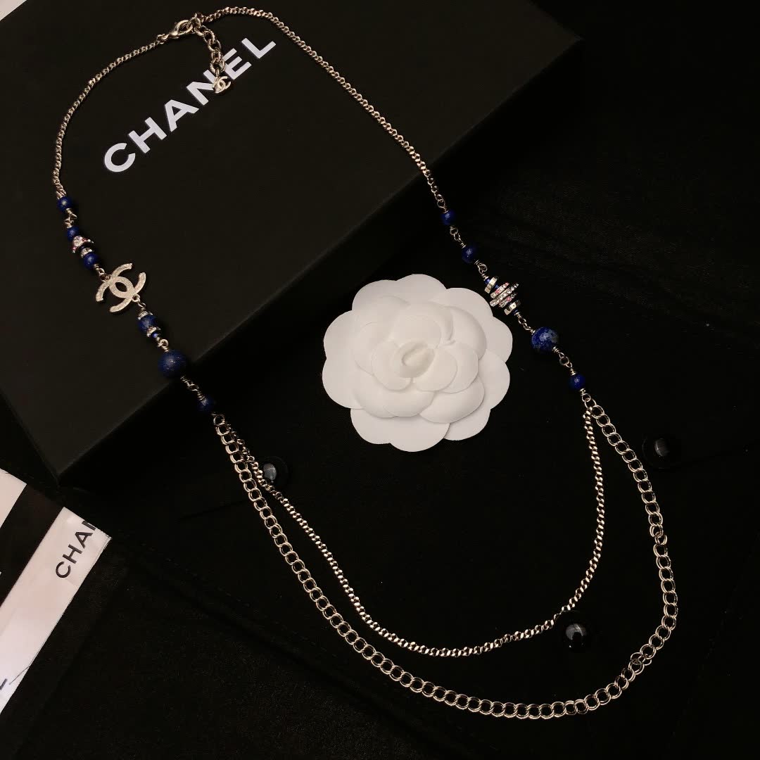Chanel CC Logo Blue Bead Necklace
