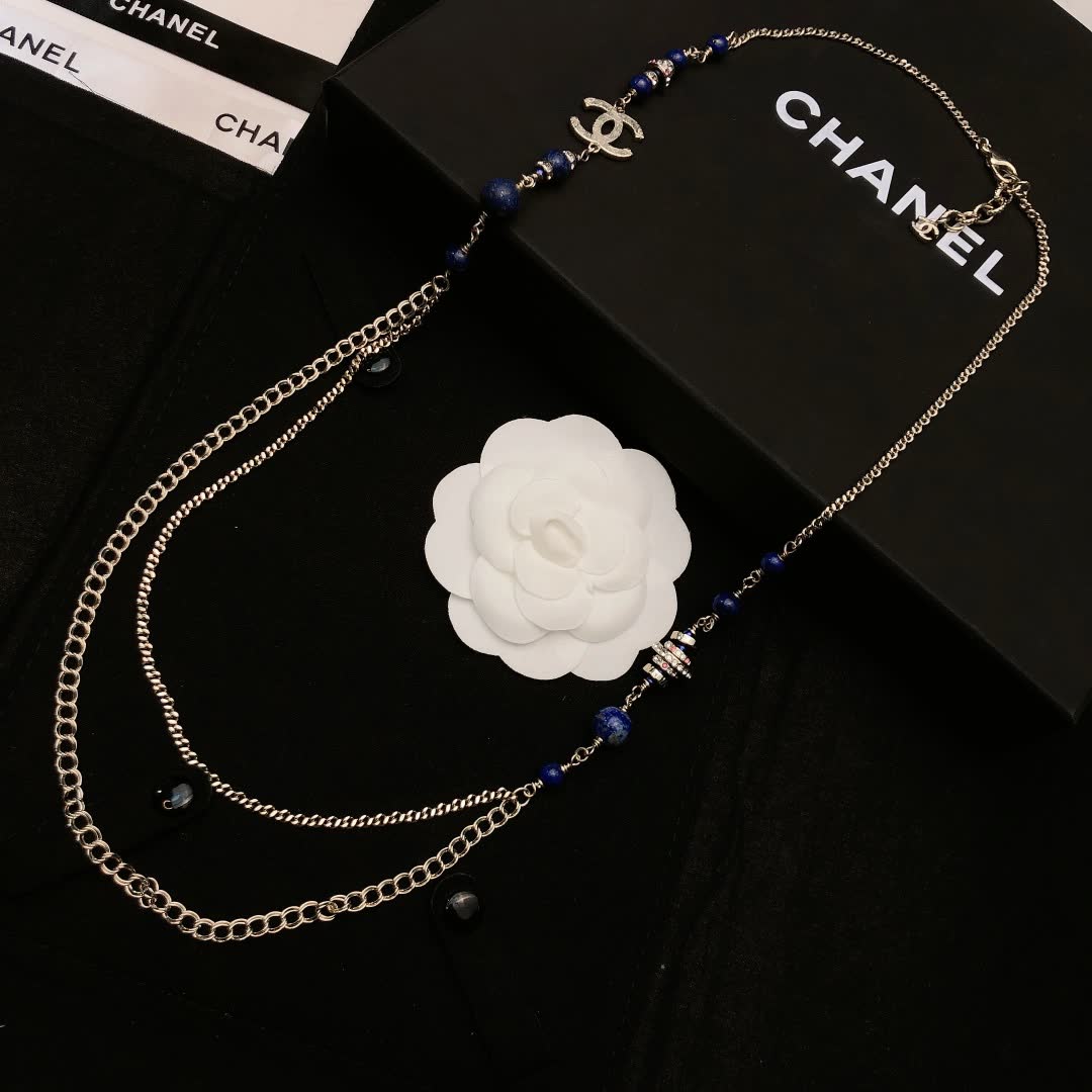 Chanel CC Logo Blue Bead Necklace