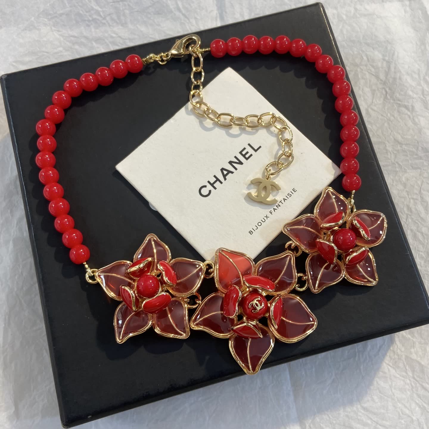 Chanel White Bead and Gold Flower Necklace