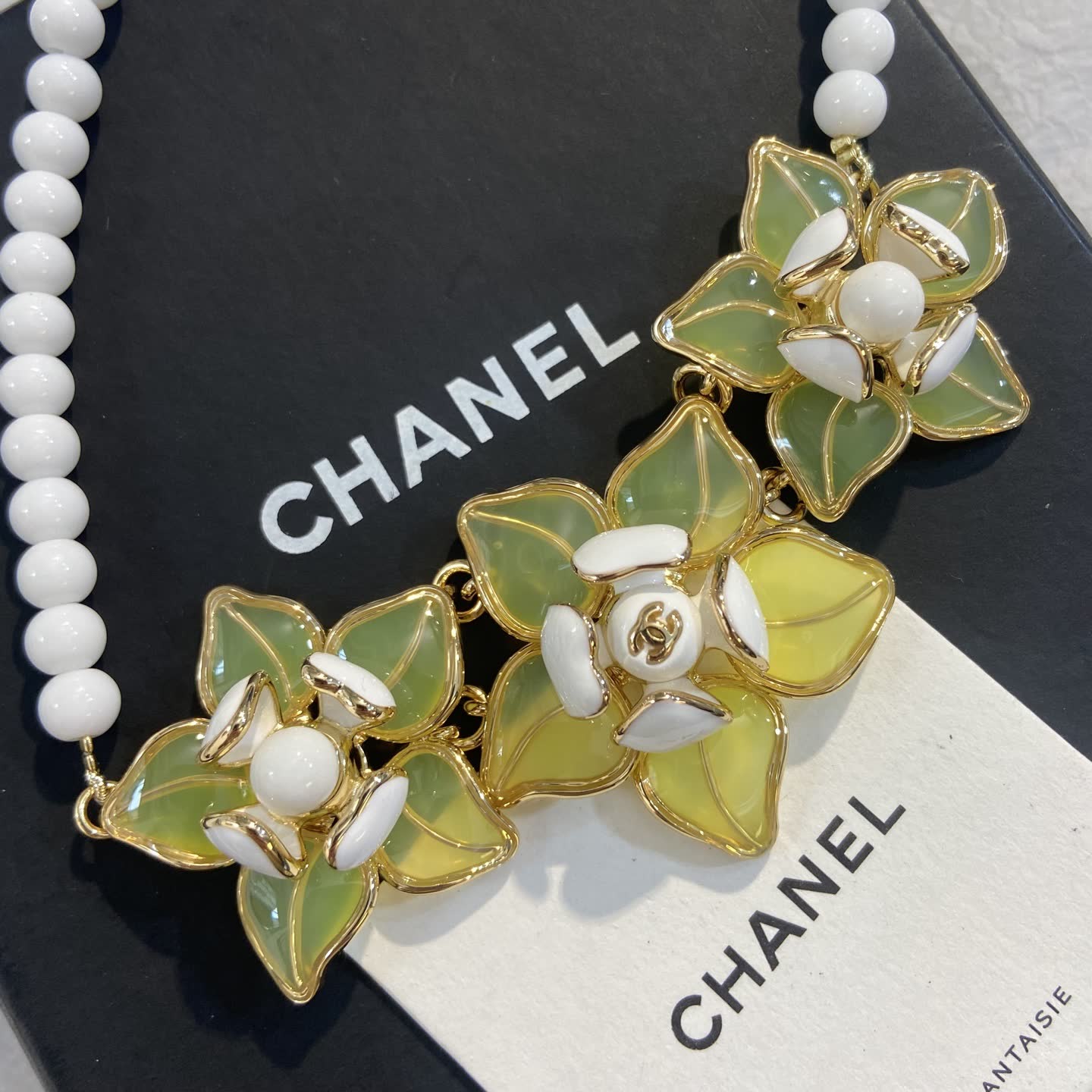 Chanel White Bead and Gold Flower Necklace