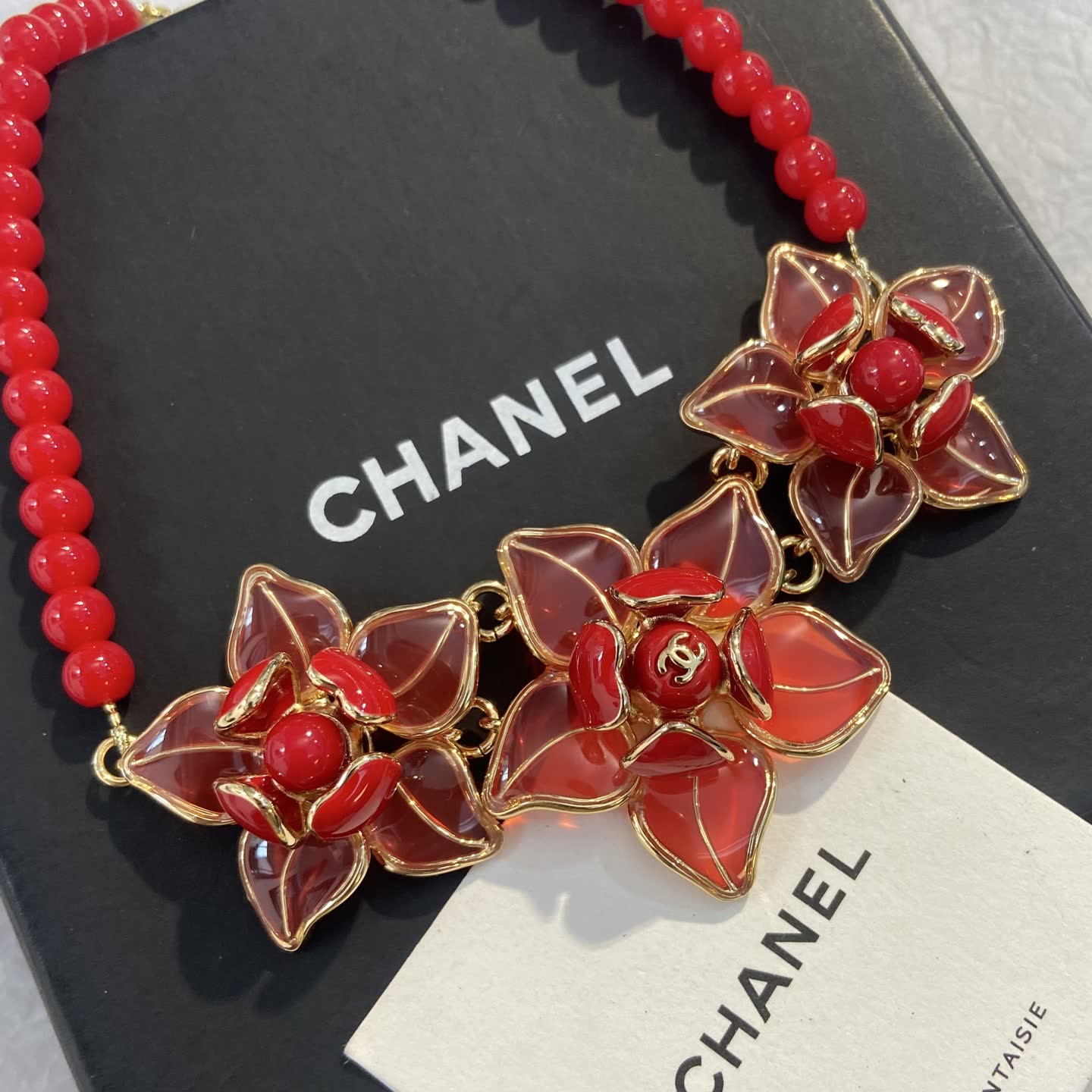 Chanel White Bead and Gold Flower Necklace