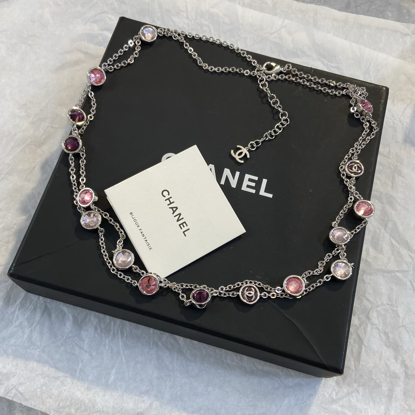 Chanel Bijoux Fantaisie Silver-Tone Pink Crystal Necklace