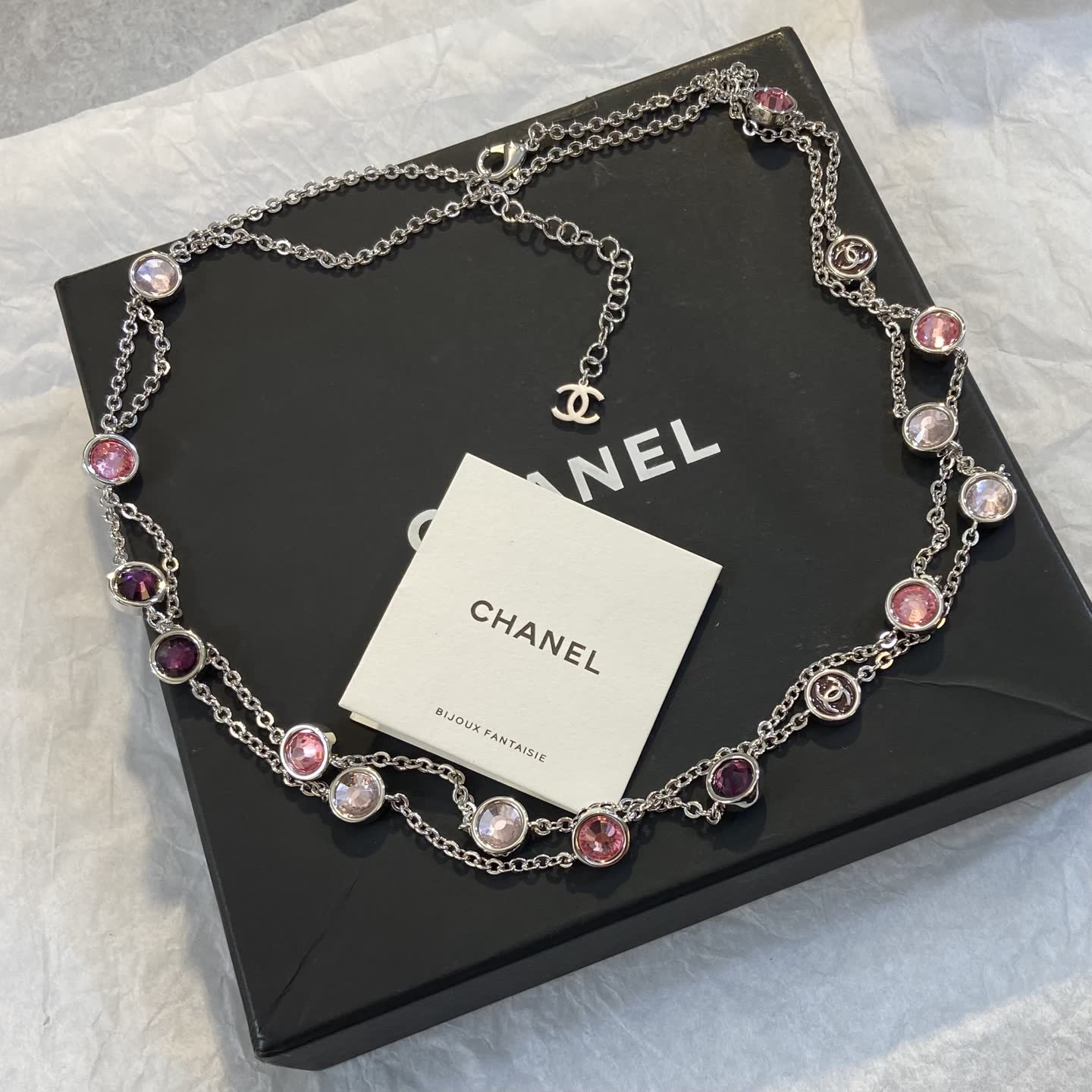 Chanel Bijoux Fantaisie Silver-Tone Pink Crystal Necklace
