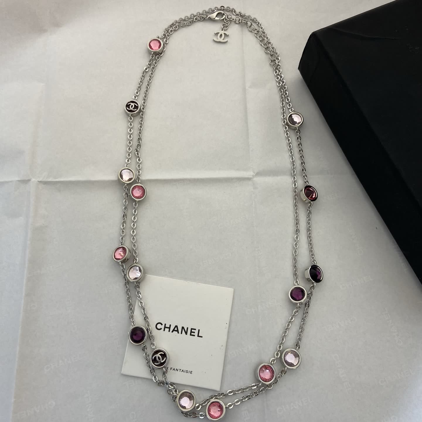 Chanel Double Chain Necklace with Pink and Purple Stones