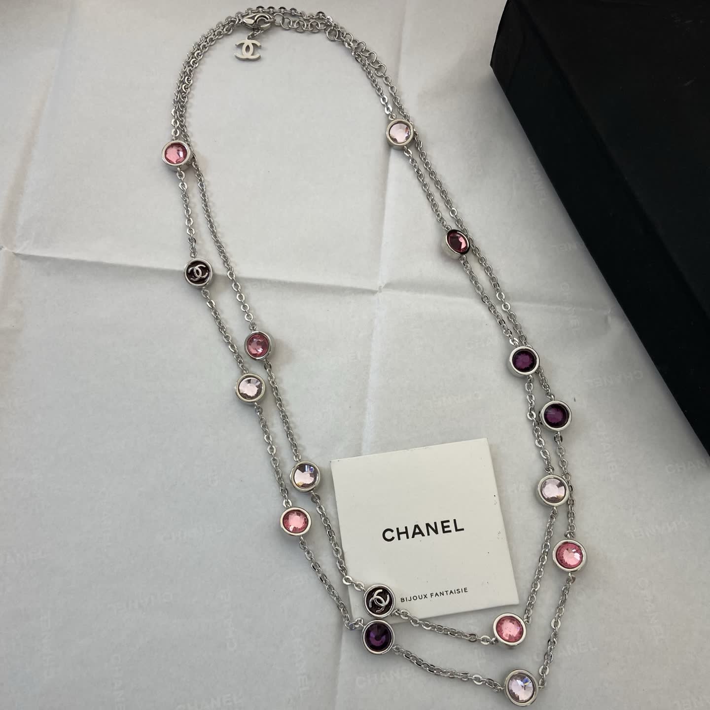 Chanel Double Chain Necklace with Pink and Purple Stones