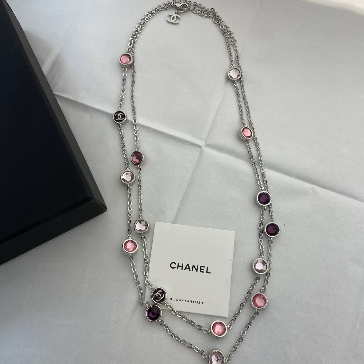 Chanel Double Chain Necklace with Pink and Purple Stones
