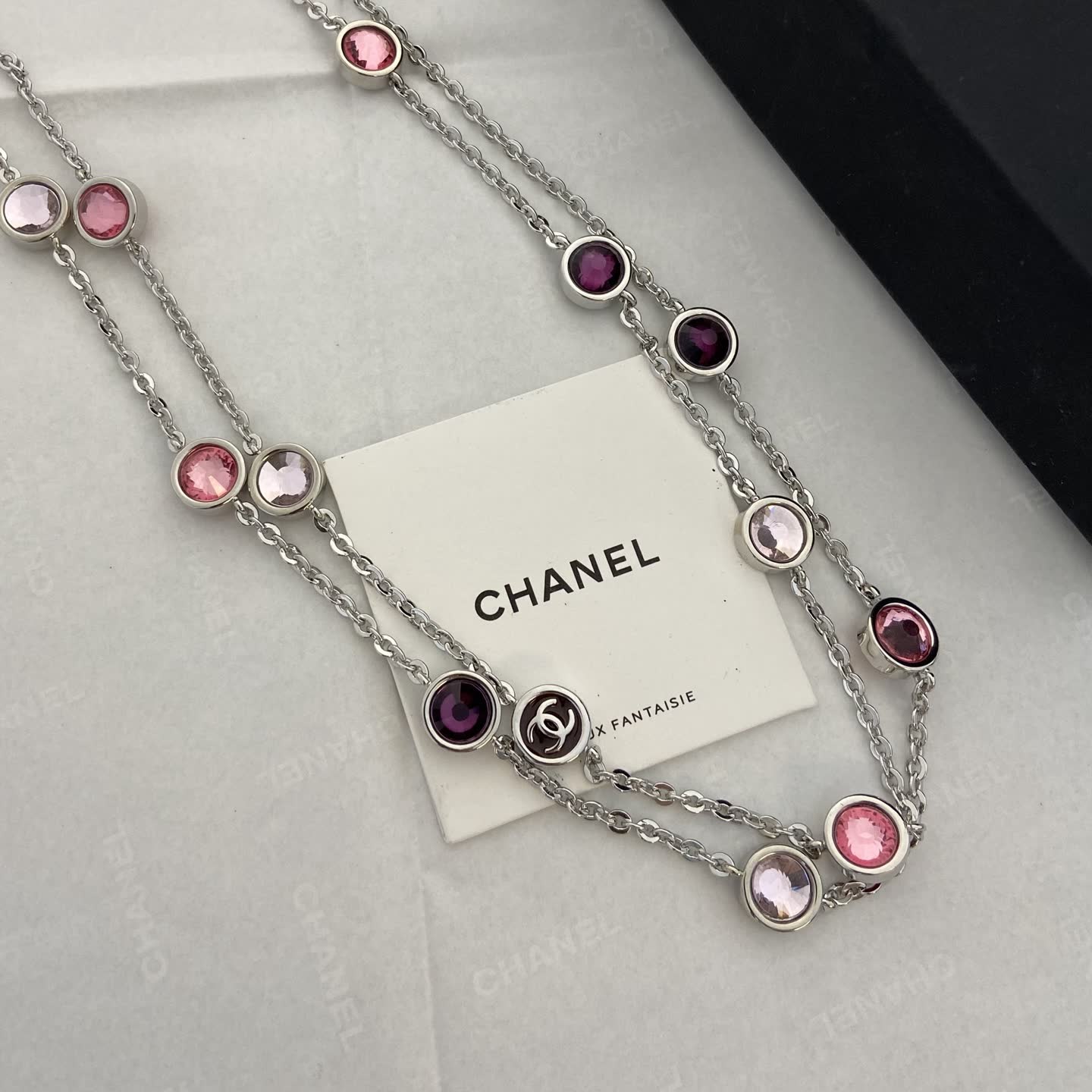 Chanel Double Chain Necklace with Pink and Purple Stones