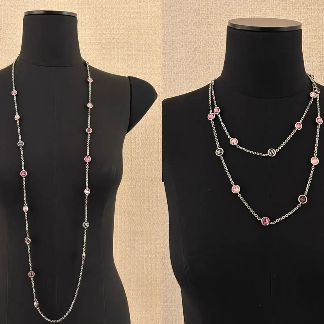 Chanel Double Chain Necklace with Pink and Purple Stones