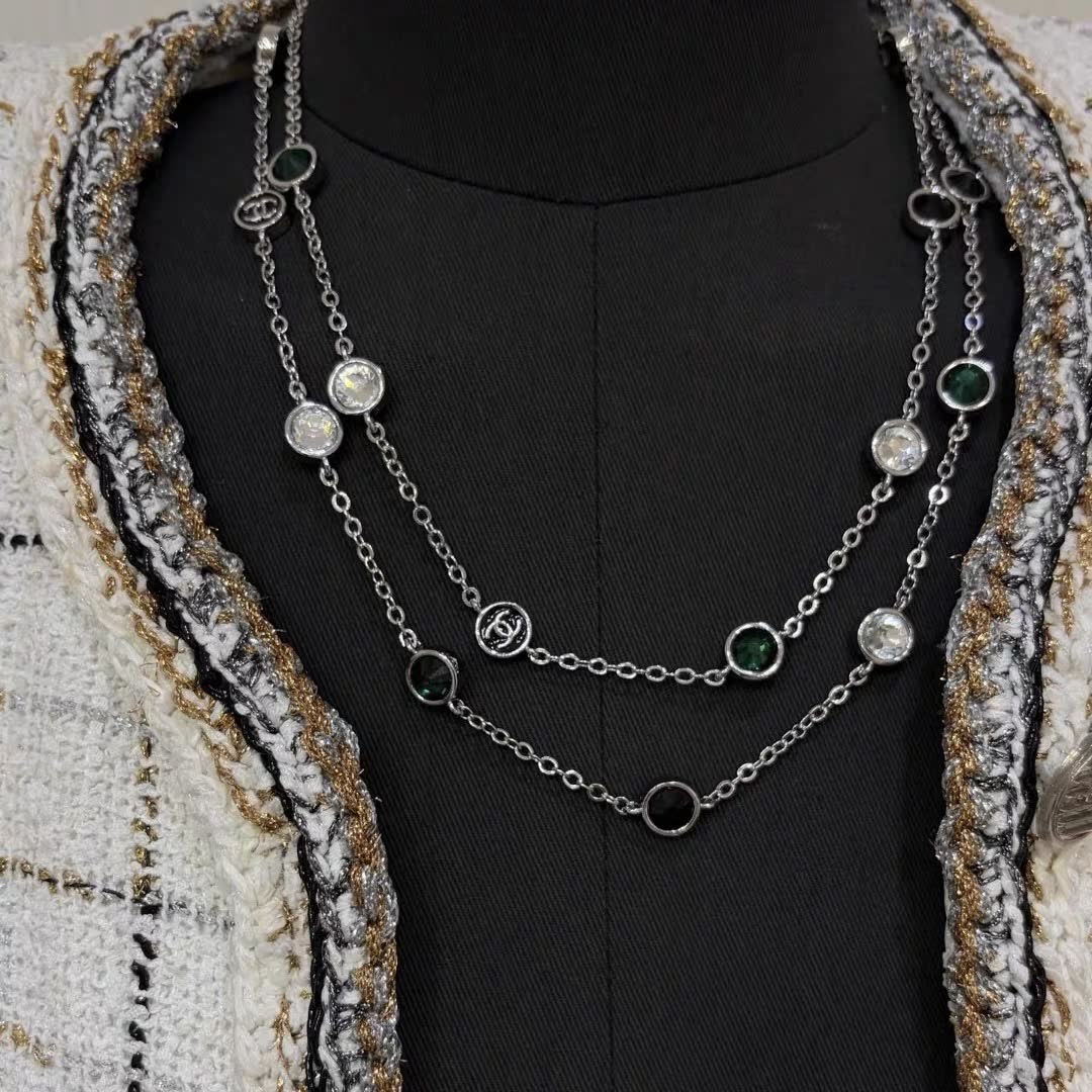 Chanel Double Chain Necklace with Pink and Purple Stones