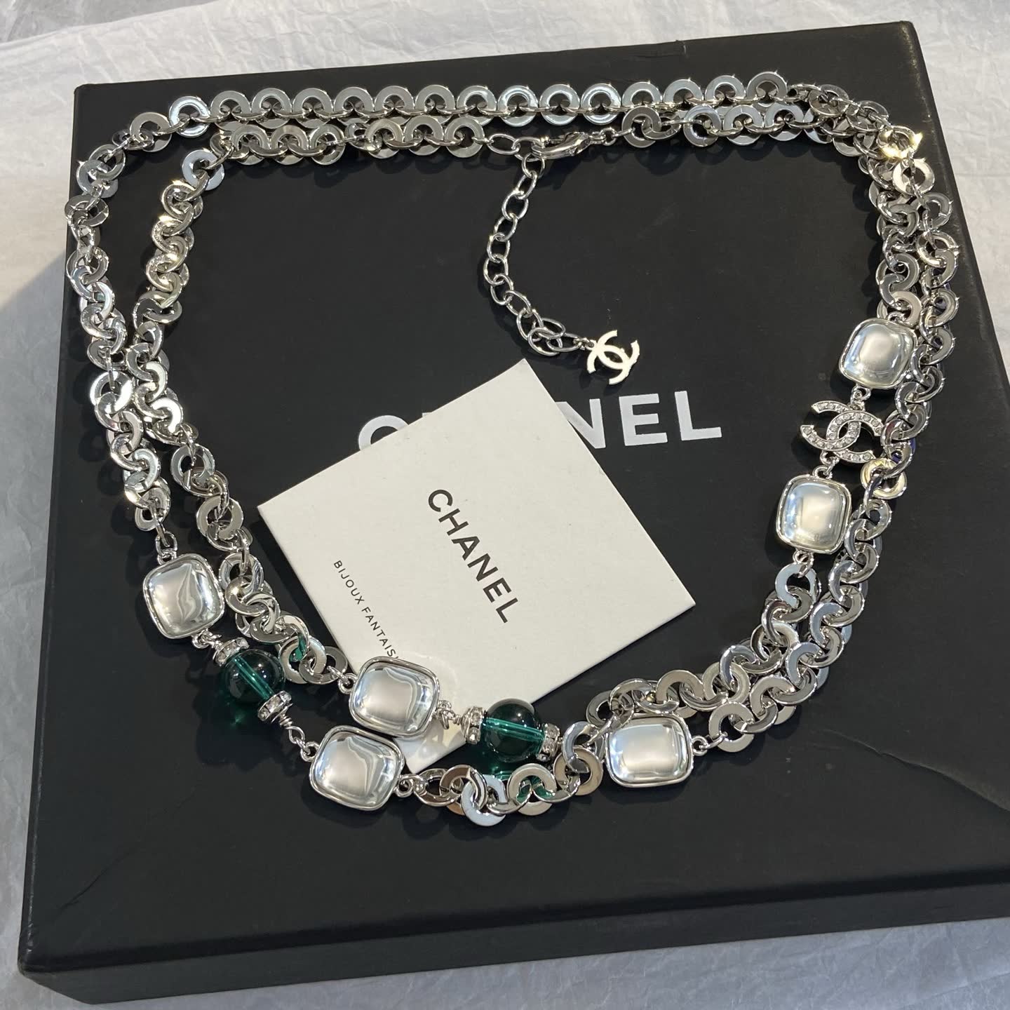 Chanel Silver Tone Necklace with Crystal Stones