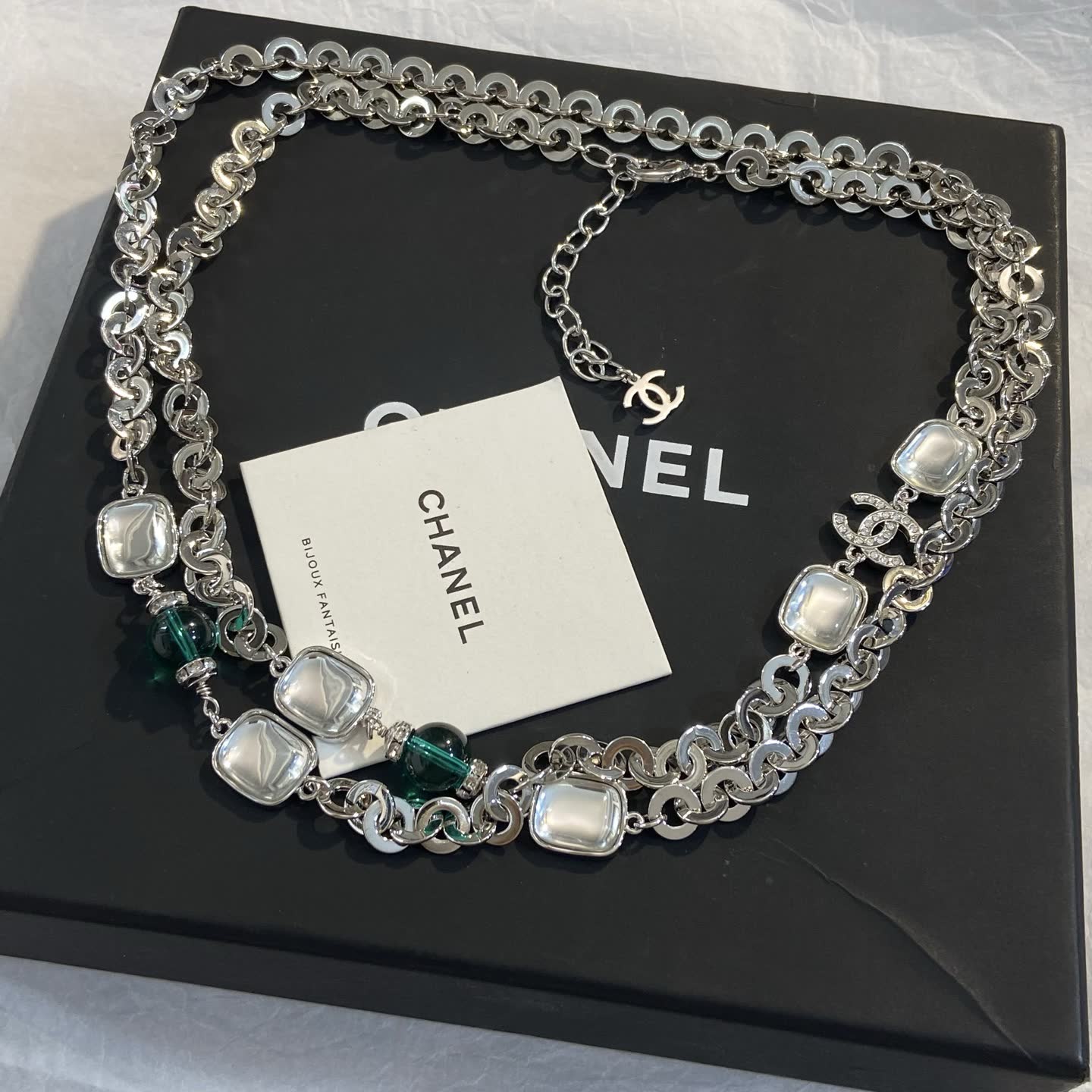 Chanel Silver Tone Necklace with Crystal Stones