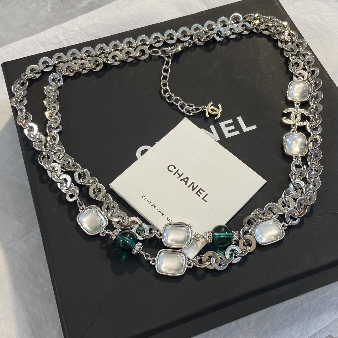 Chanel Silver Tone Necklace with Crystal Stones