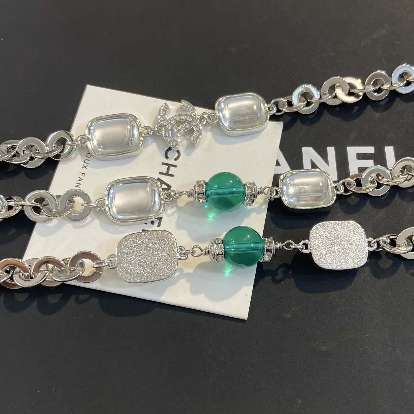 Chanel Silver Tone Necklace with Crystal Stones