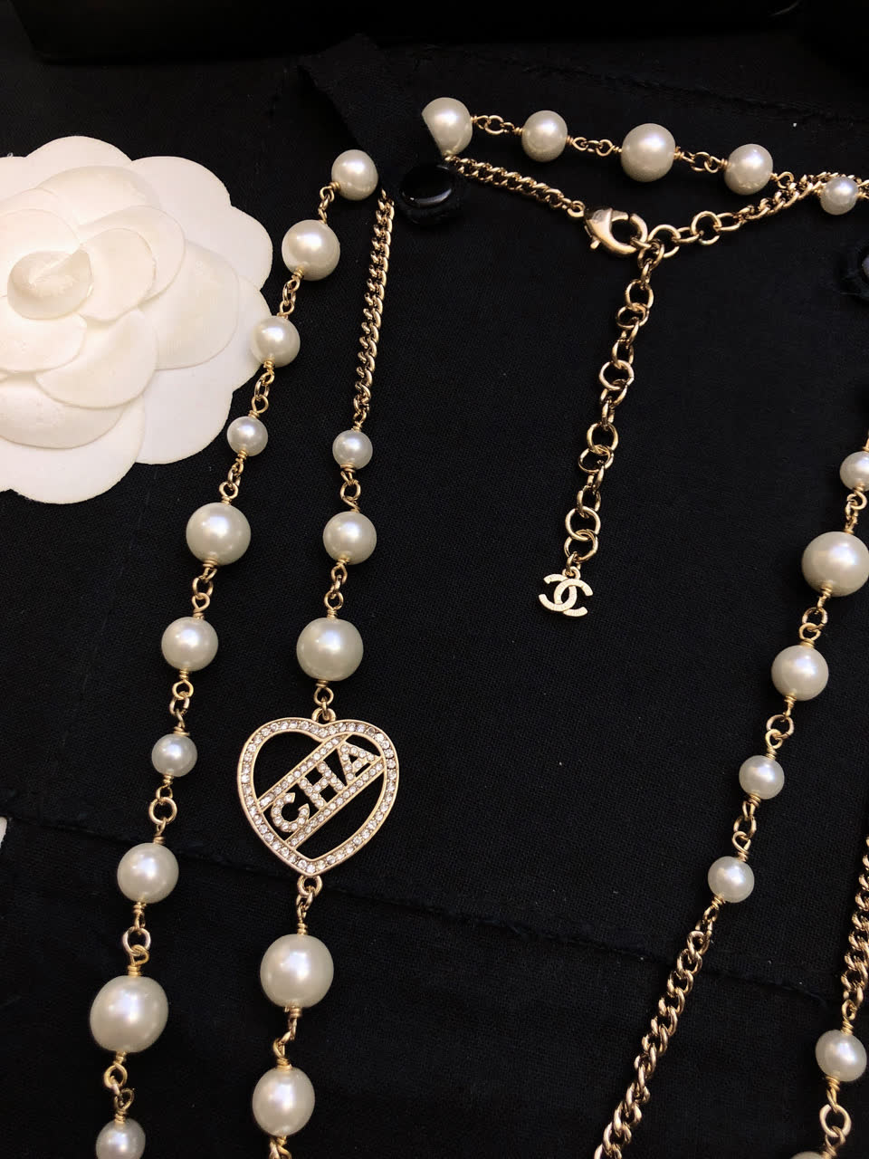Chanel Pearl Necklace with CC and Heart Charms