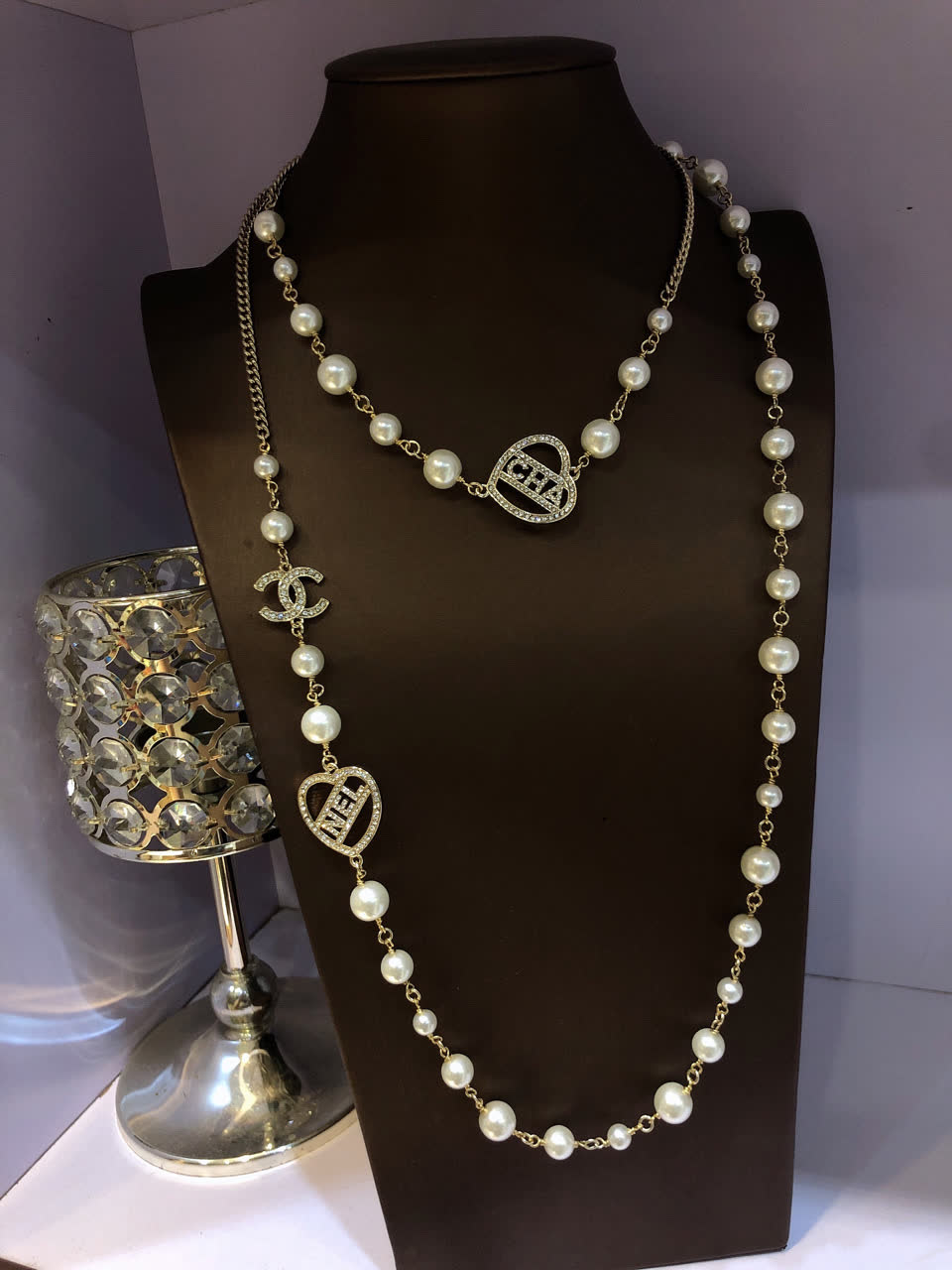 Chanel Pearl Necklace with CC and Heart Charms