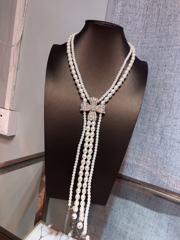 Chanel Pearl Necklace with Crystal Bow Clasp