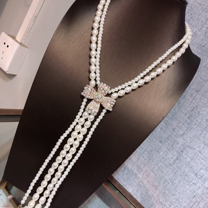 Chanel Pearl Necklace with Crystal Bow Clasp