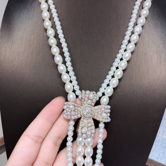 Chanel Pearl Necklace with Crystal Bow Clasp