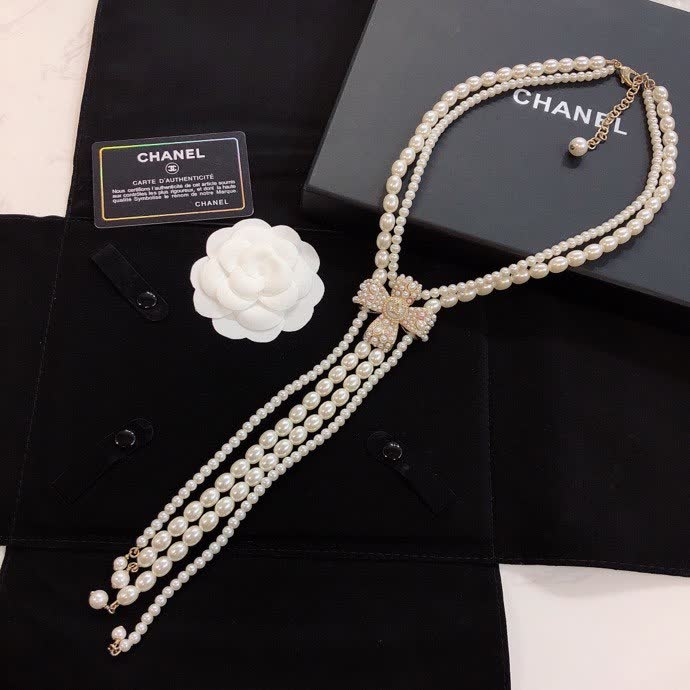 Chanel Pearl Necklace with Crystal Bow Clasp