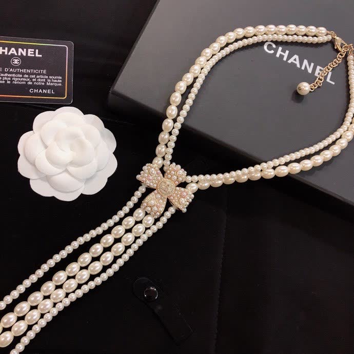 Chanel Pearl Necklace with Crystal Bow Clasp