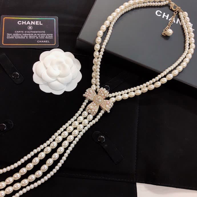 Chanel Pearl Necklace with Crystal Bow Clasp