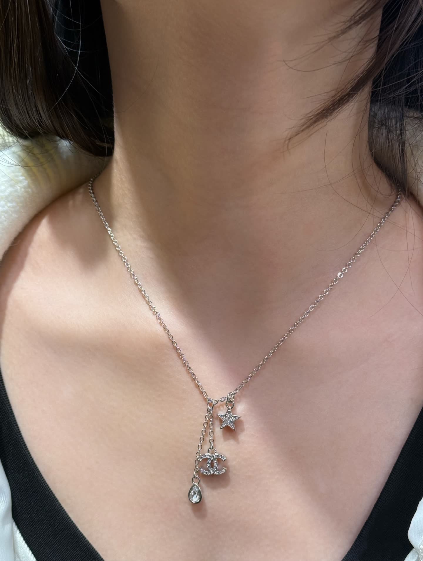 Chanel Silver Necklace with Star and CC Logo Charm