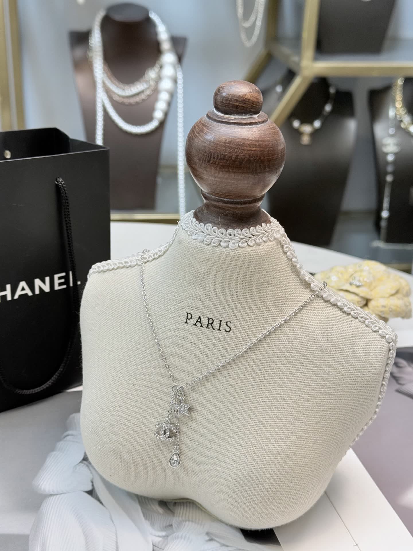 Chanel Silver Necklace with Star and CC Logo Charm