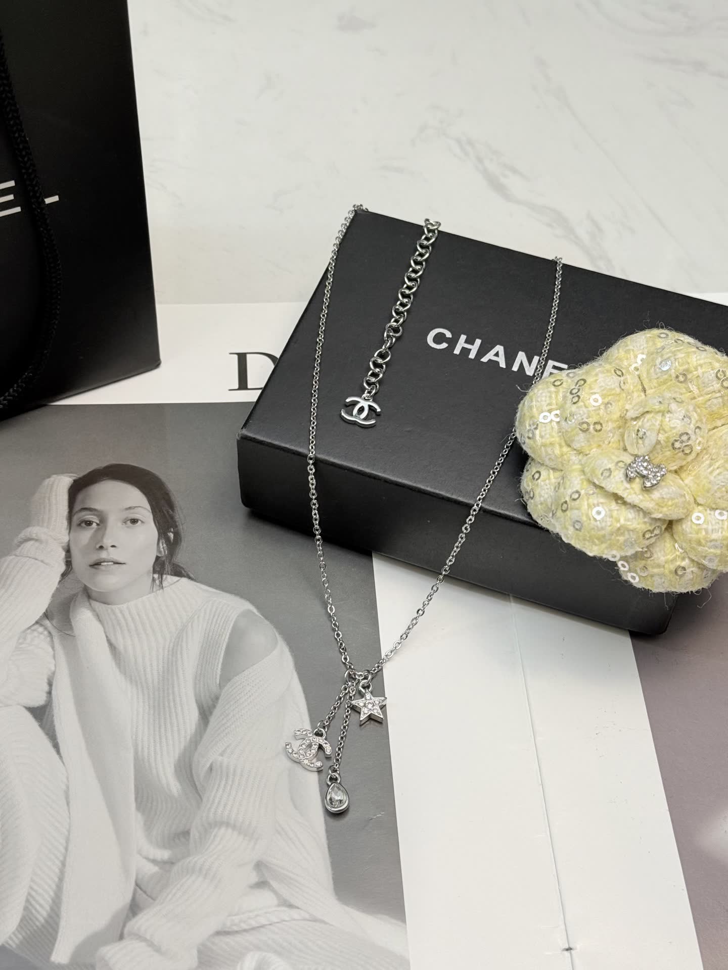 Chanel Silver Necklace with Star and CC Logo Charm