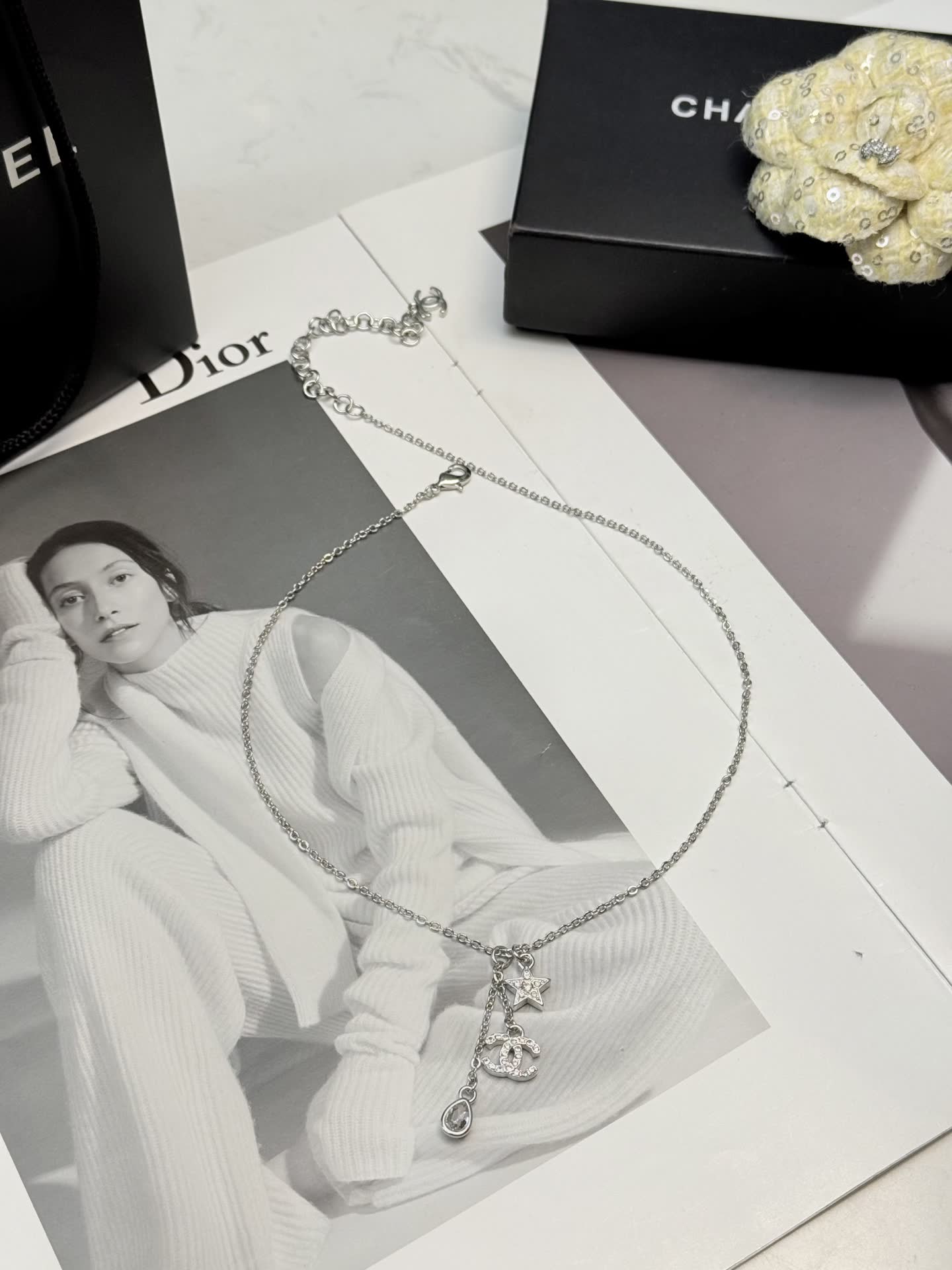 Chanel Silver Necklace with Star and CC Logo Charm