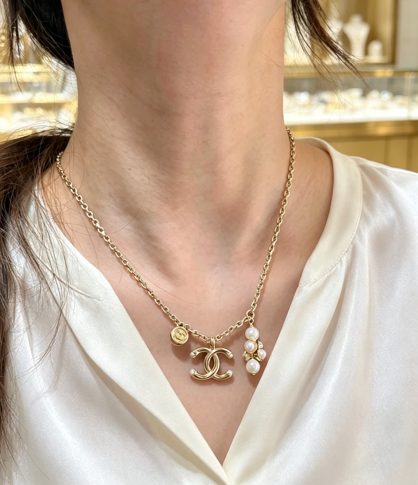 Chanel CC Logo Pearl Charm Necklace