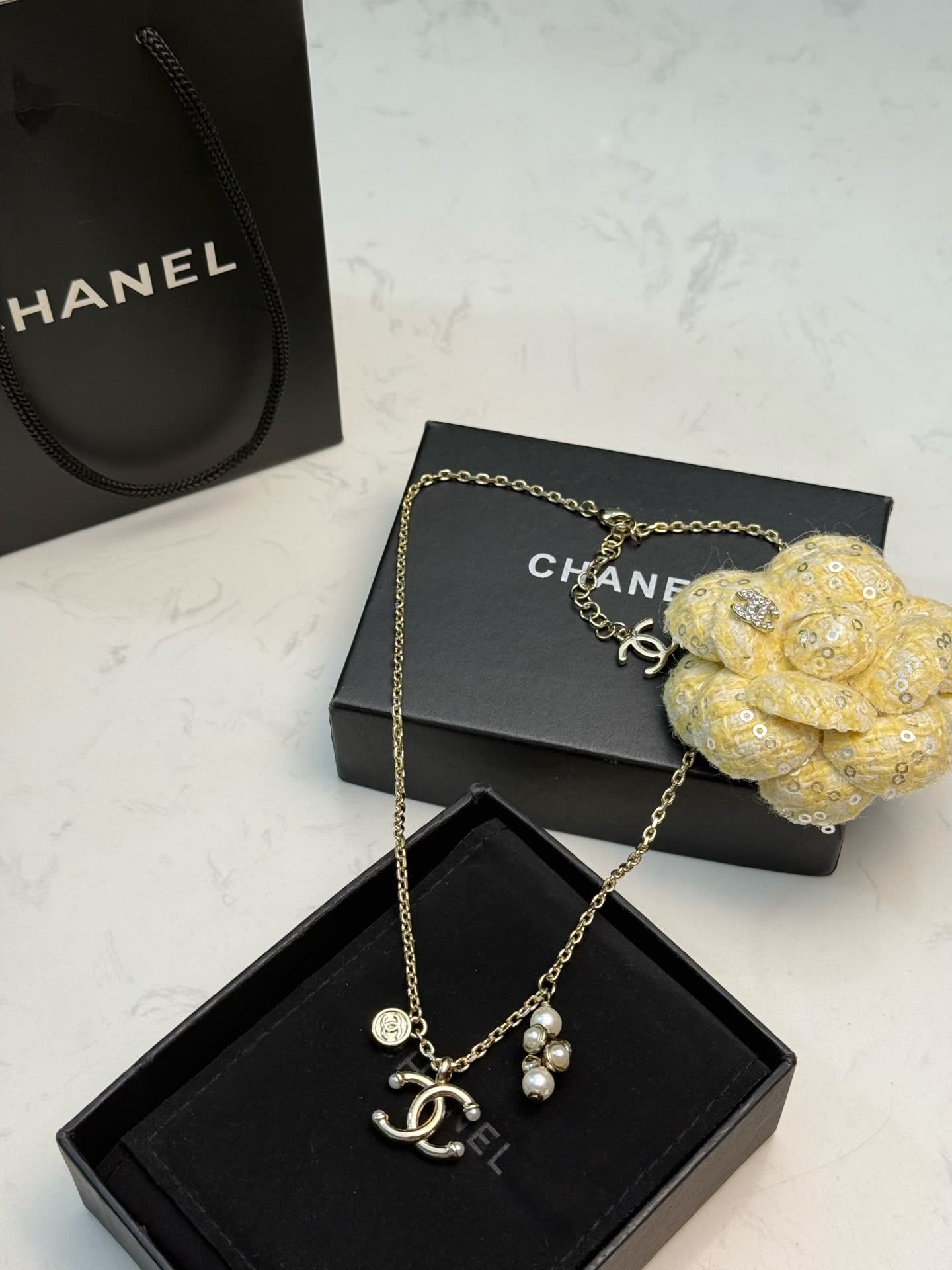 Chanel CC Logo Pearl Charm Necklace
