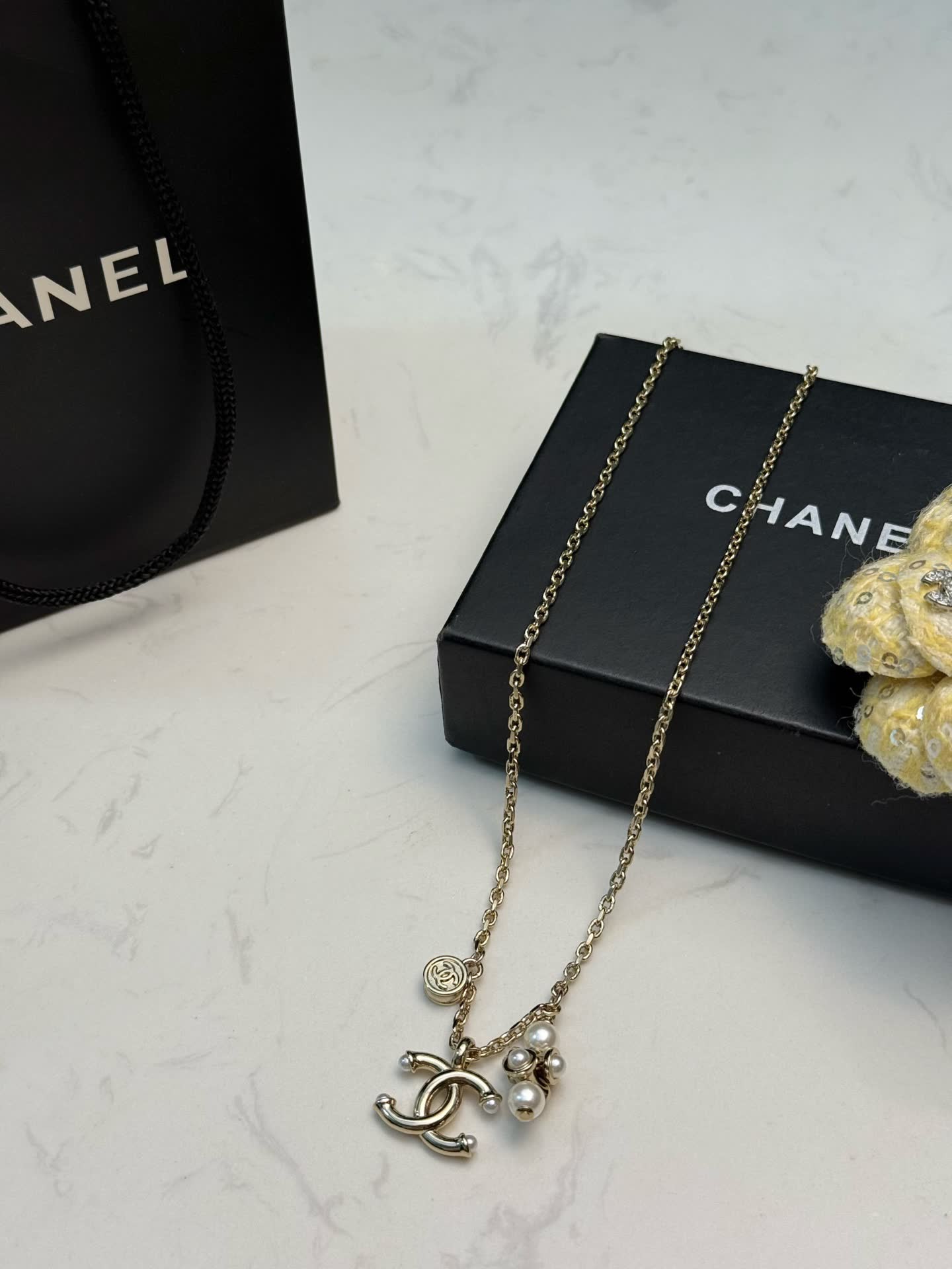 Chanel CC Logo Pearl Charm Necklace
