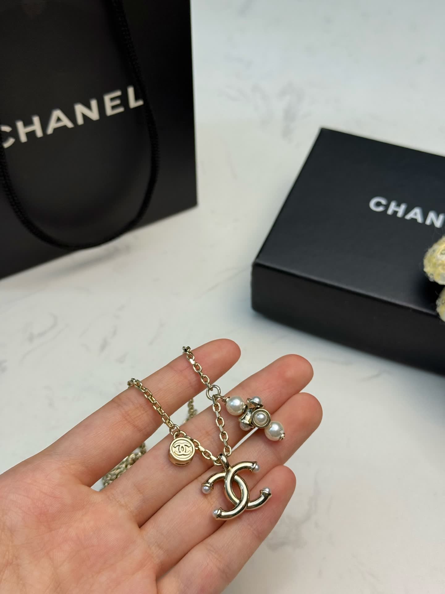 Chanel CC Logo Pearl Charm Necklace