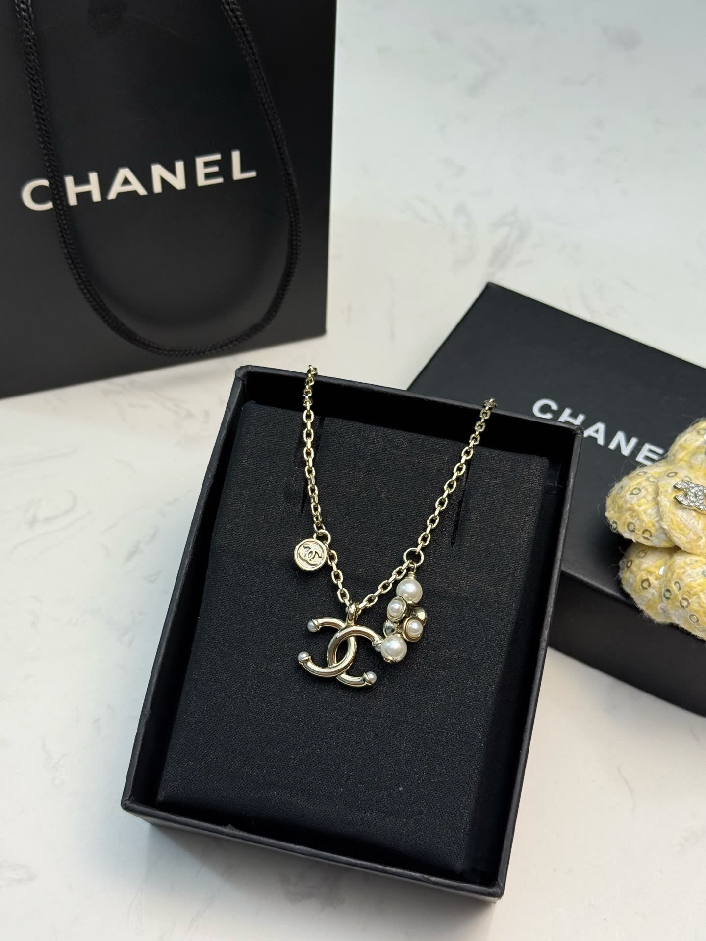 Chanel CC Logo Pearl Charm Necklace