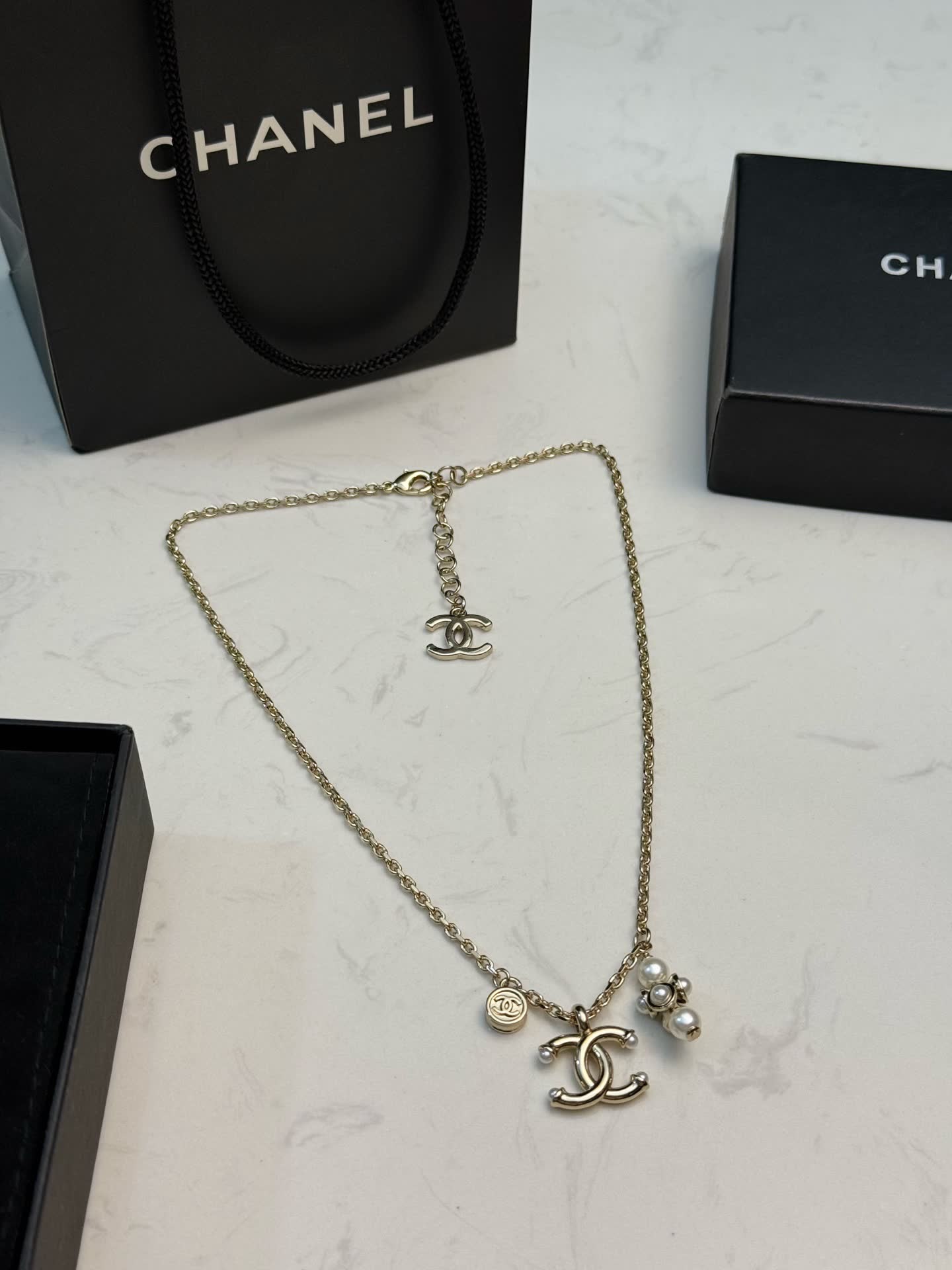 Chanel CC Logo Pearl Charm Necklace