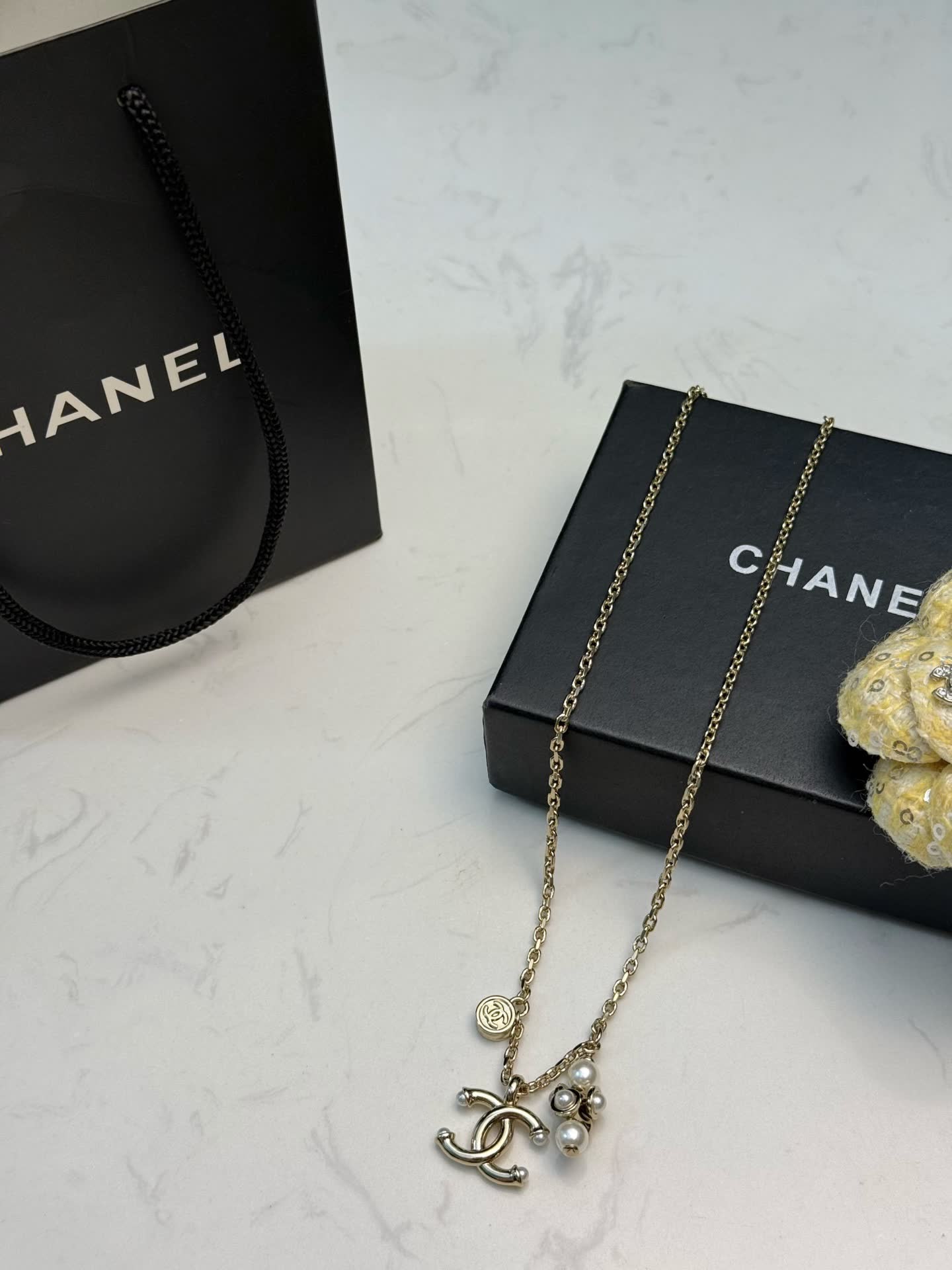 Chanel CC Logo Pearl Charm Necklace