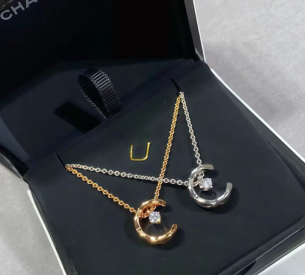 Chanel Gold Crescent Moon Diamond Pendant Necklace