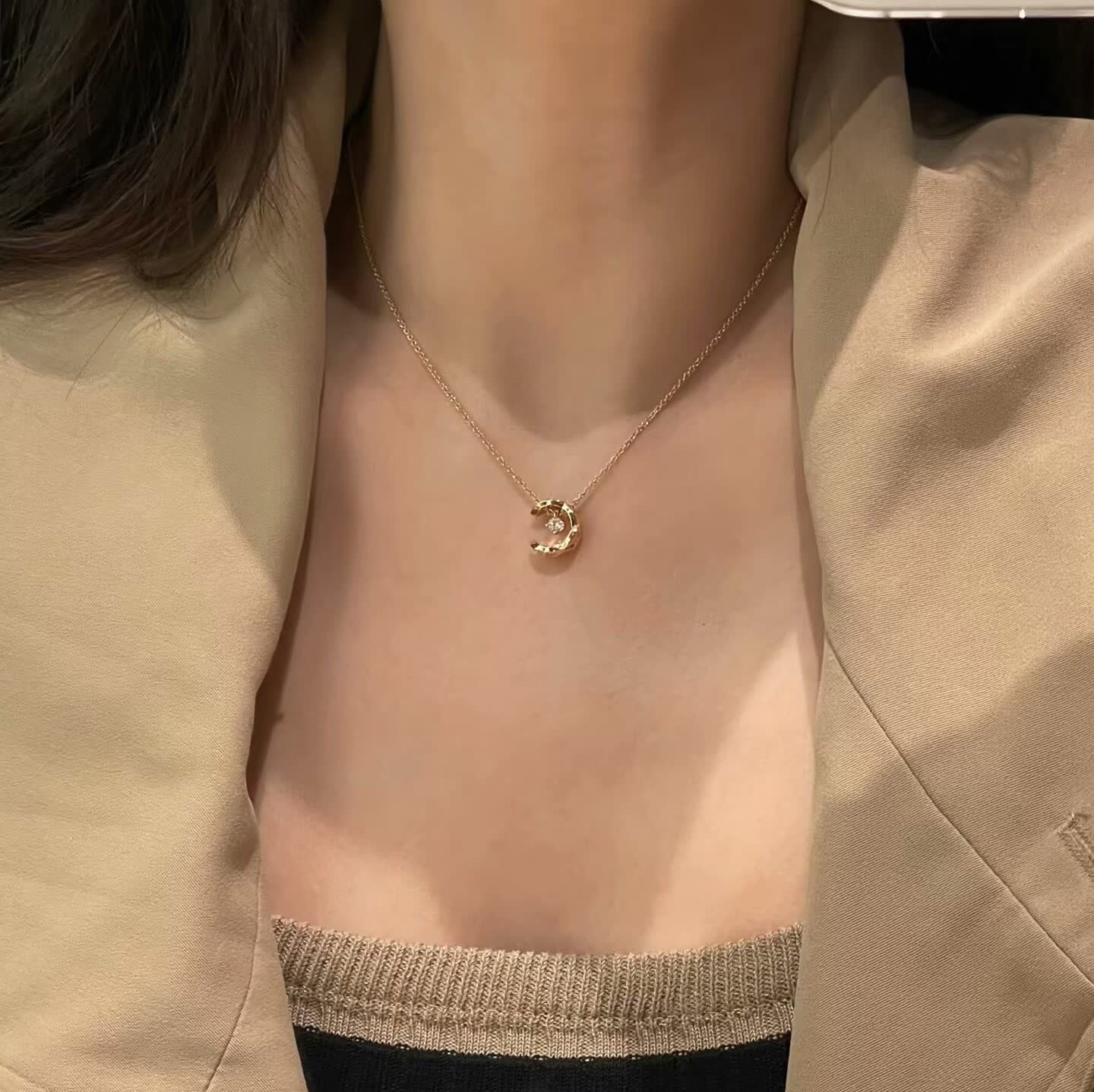 Chanel Gold Crescent Moon Diamond Pendant Necklace