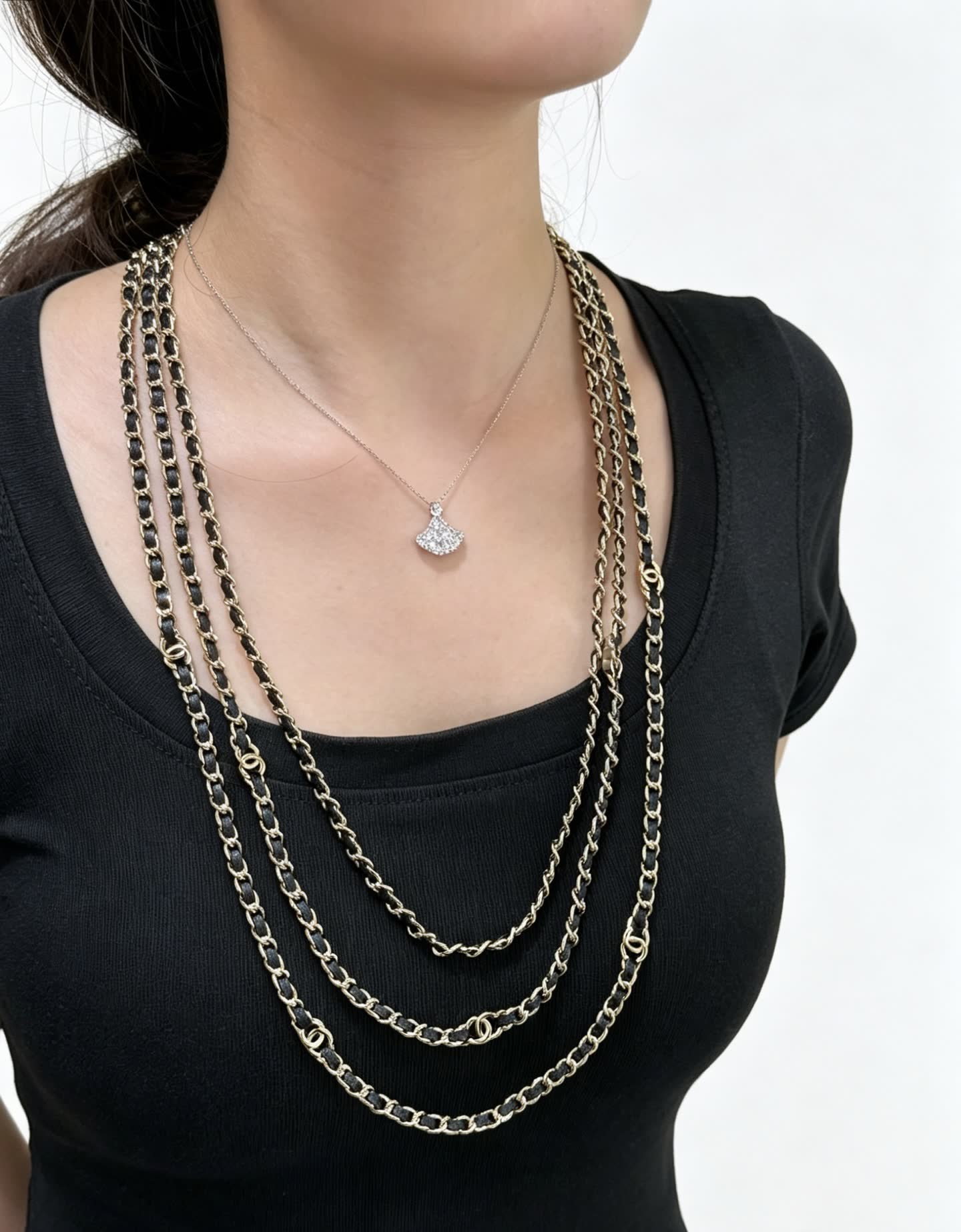 Chanel Triple Chain Necklace with Diamond Pendant Chanel Triple Chain Necklace with Diamond Pendant