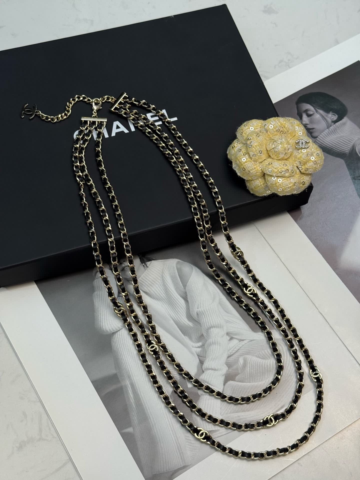 Chanel Triple Chain Necklace with Diamond Pendant