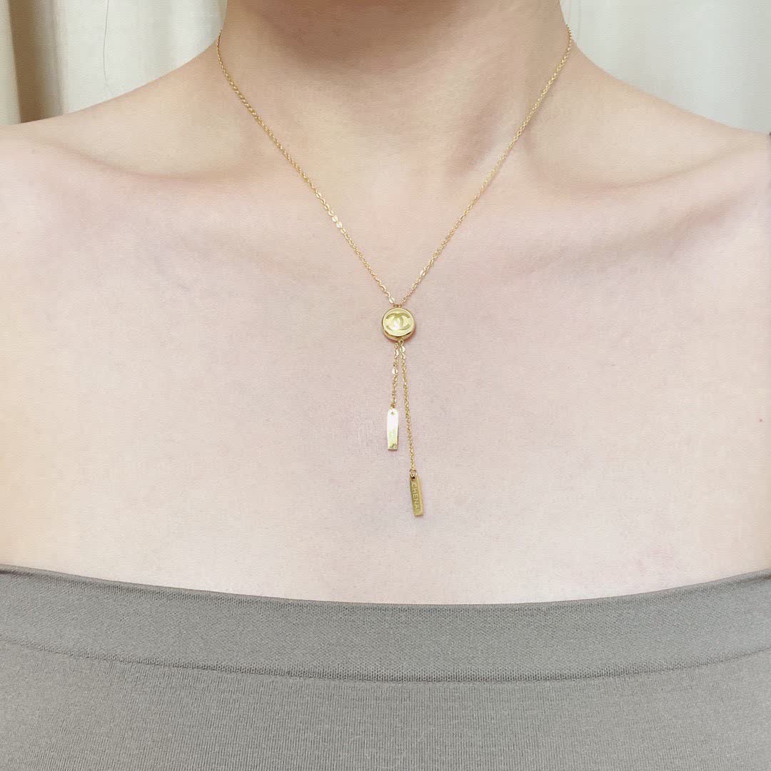 Chanel Gold Tone CC Logo Lariat Necklace