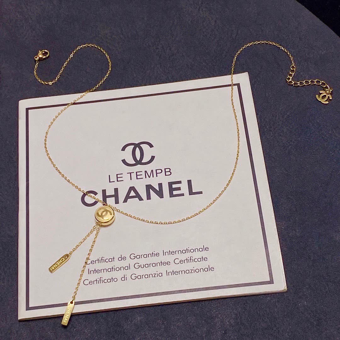 Chanel Gold Tone CC Logo Lariat Necklace