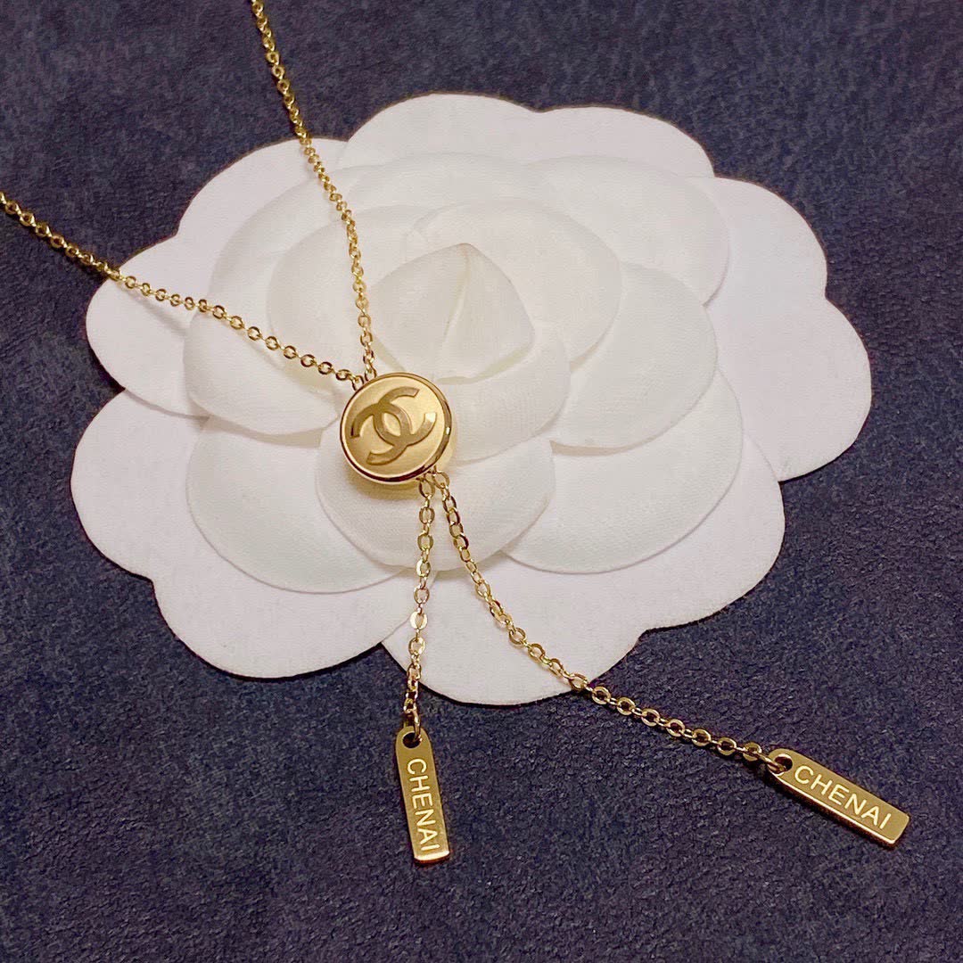 Chanel Gold Tone CC Logo Lariat Necklace