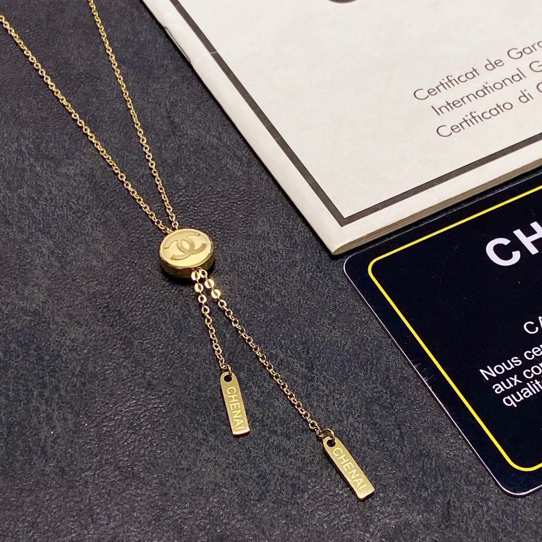 Chanel Gold Tone CC Logo Lariat Necklace