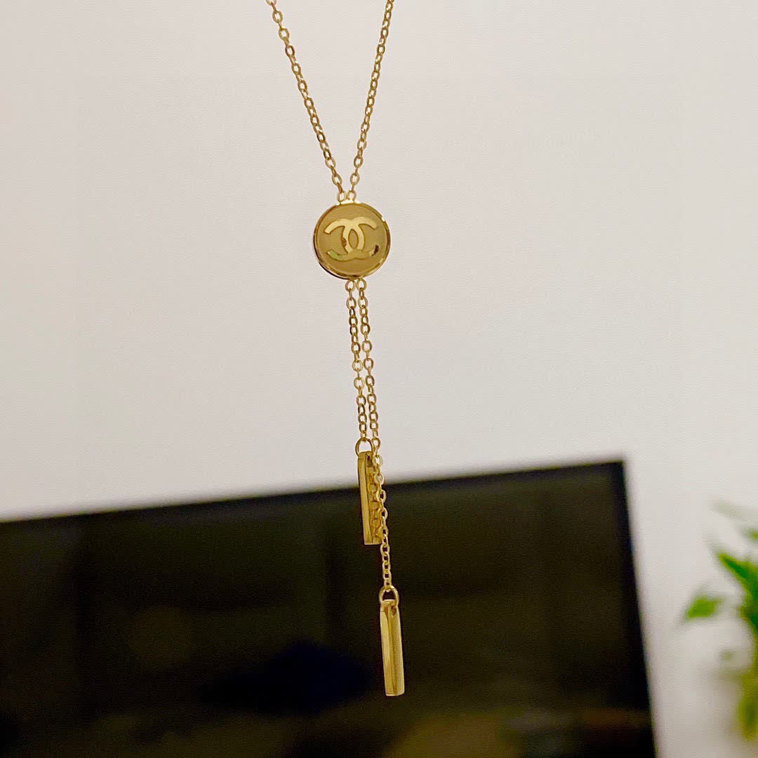 Chanel Gold Tone CC Logo Lariat Necklace