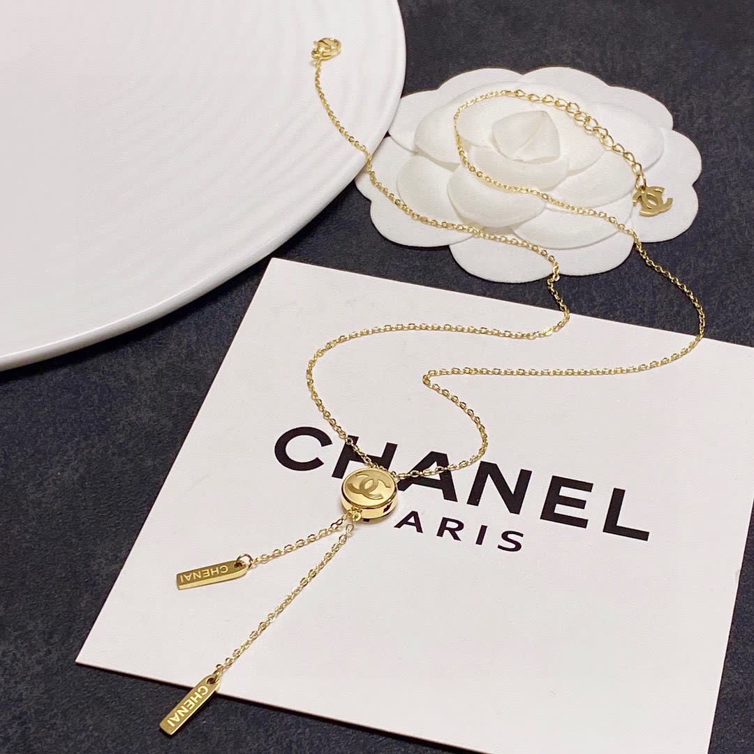 Chanel Gold Tone CC Logo Lariat Necklace