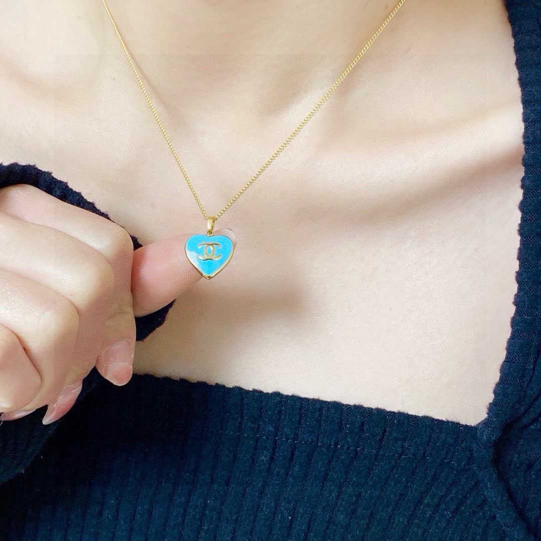 Chanel Heart-Shaped Blue Enamel Pendant Necklace